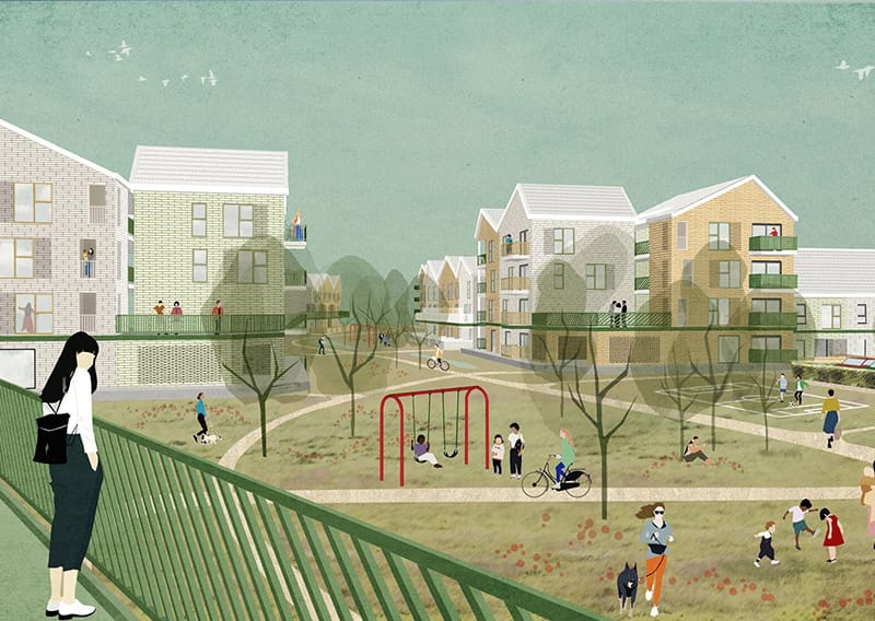 Projectbeeld Debbautshoek Zelzate: collectief wonen, geillustreerde rendering van meergezinswoning.