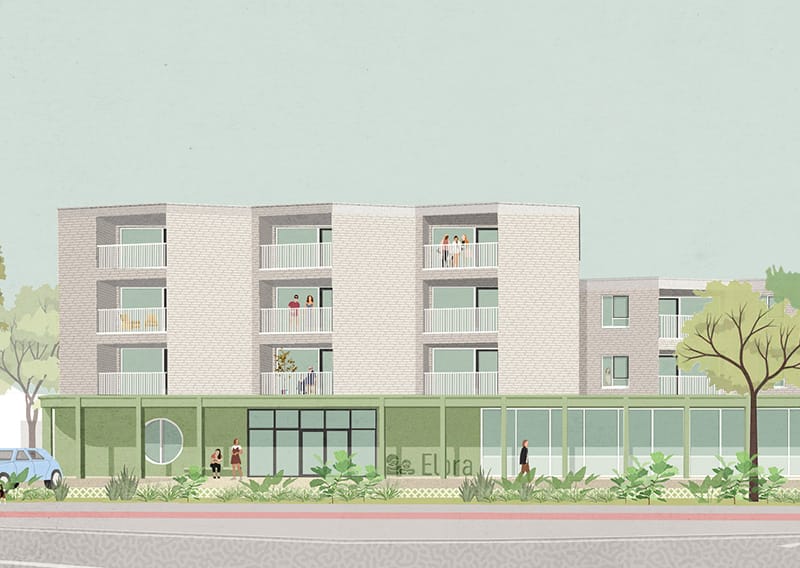 Architectuurrendering van CAR Elora in Veurne: appartementsblok met witte baksteenstructuur en groene plint