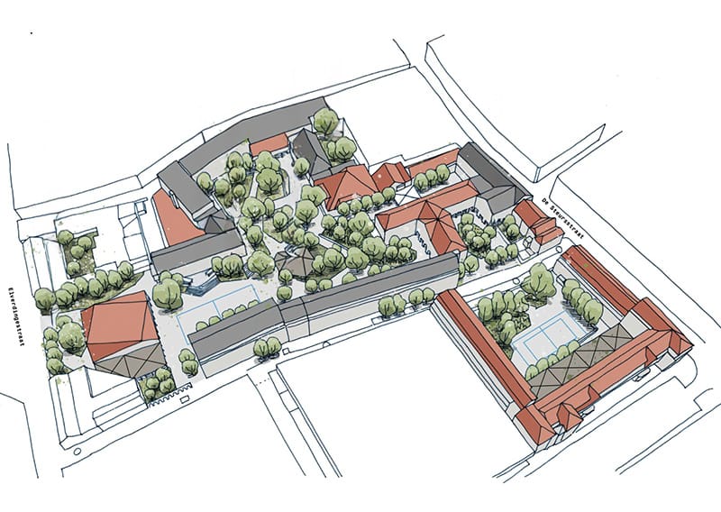 Projectbeeld Sporthallen SMSI Ieper: variant render van het sportgebouw met witte gevels en groene velden, illustratief landschap met tractor en wuivende bomen - sereen rurale sfeer.
