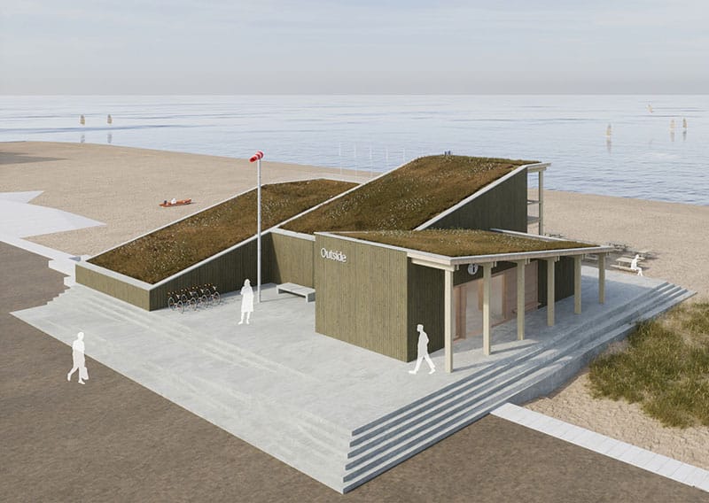 Projectbeeld Surfclub Outside Oostende: publiek strand-/sportgebouw aan de kust.